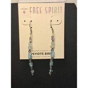 NEW Peyote Bird Blue Gray Vertical Drop Bead Mix Silver Hook Earrings 2.25"